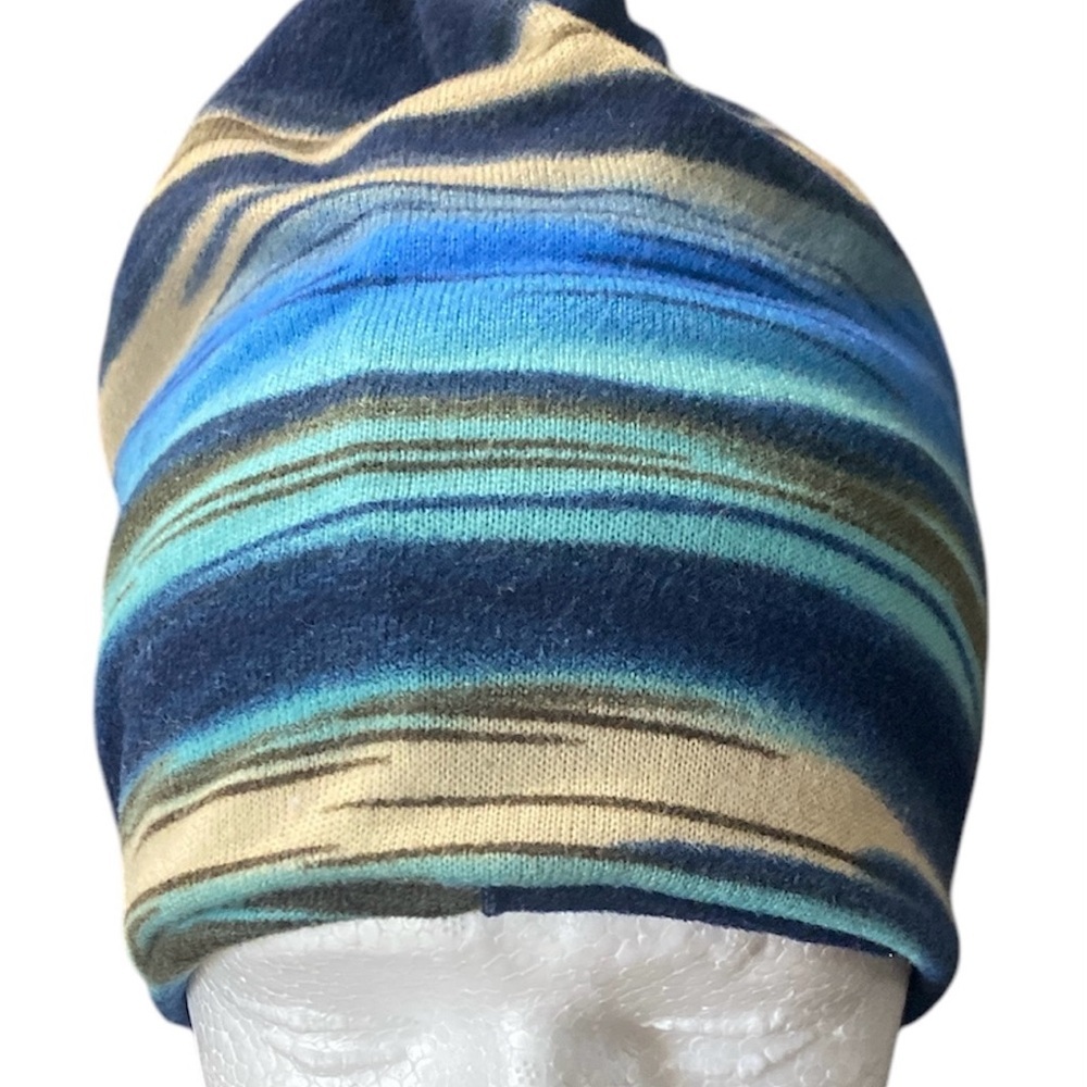 Blue Striped Beanie with Ponytail Hole